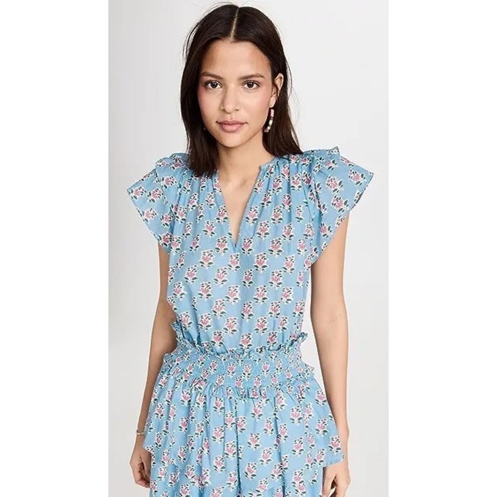 Marea Blue Floral Block Print Ruffle Cap Sleeve Cotton V-Neck Top | Size Medium